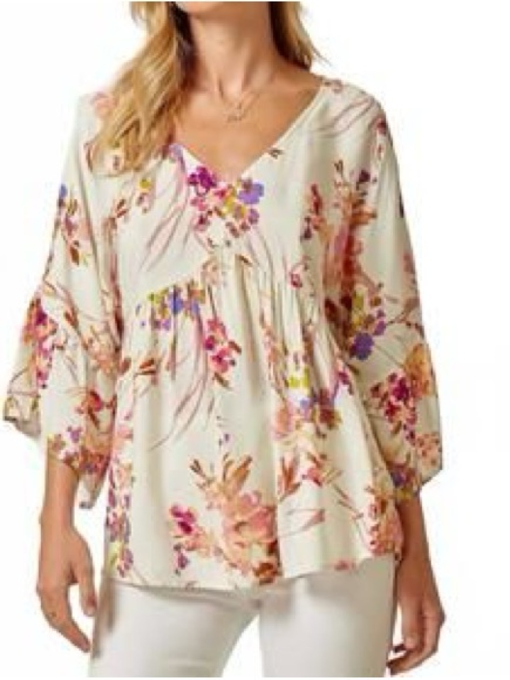 Allie Rose Floral V-Neck Peasant Top - Cream with Pink & Purple Floral